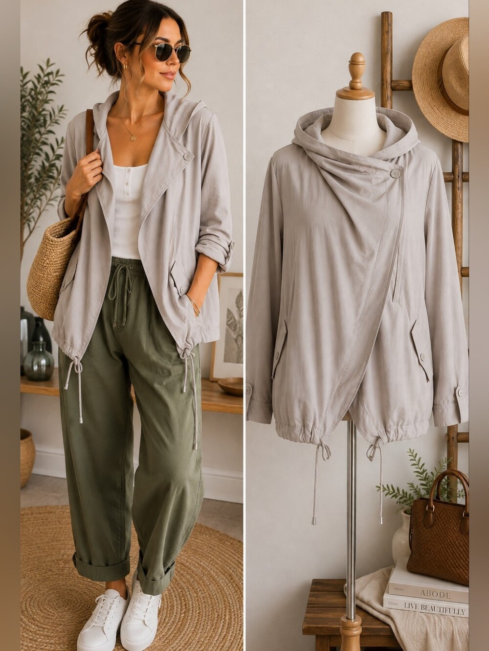 Life in Progress by Forever 21 Hooded Utility Jacket Stone Gray Rayon S